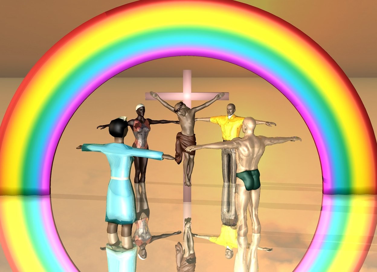 Input text: 
It is sunset.

the pink cross is 2 feet in the ground.

2 humans are 2 feet in front of the cross.  they are 1 feet in the ground and shiny.

the humans are facing the cross.

2 humans 2 feet behind the cross.

the humans are facing the cross. They are 1 feet in the ground and shiny.

a small rainbow 1 feet behind the cross. The rainbow is 11 feet tall. The rainbow is 22 feet wide. The rainbow is on the ground.

the ground is 90% shiny.