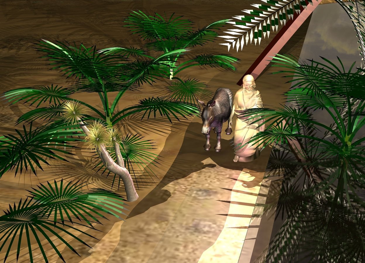 Input text:  a donkey. 3  dwarf palms are to the  left of the donkey. 2 dwarf palms are to the right of the donkey.  a tan statue is to the right of the donkey. it is on the ground. a river is 3 feet right of the donkey. it is clear water. a tree is behind the statue. it is leaning 35 degrees to the left. it is 25 feet in the ground. a joshua tree is 5 feet in front of and 1 feet to the left of the donkey. it leans to the front. it is dawn. a light is 0.3 feet above the statue. a tan light is on the donkey. a purple light is in front of the statue