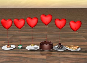 The ground is wood. 

There is a red heart on the muffin. There is a plate under the muffin.

The 2nd red heart is on the donut. there is a plate under the donut.

The 3rd red heart is on the cup.

The 4th red heart is on the pizza. there is a plate under the pizza.

The 5th red heart is on the banana split.there is a plate under the banana split.

the 6th red heart is on the chocolate cake. there is a plate under the chocolate cake.




