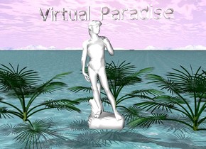 white statue. the ground is water. there is a dwarf palm tree to the left of the statue. there is a mountain background. dwarf palm tree to the right of the statue. dwarf palm tree behind the statue. pink text "Virtual Paradise"  above the statue.