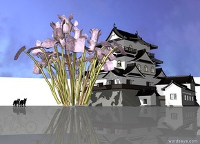 A enormous [purple] flower. 2 little black cats are next to the flower. a tiny castle is right of the flower. the background is [White].
