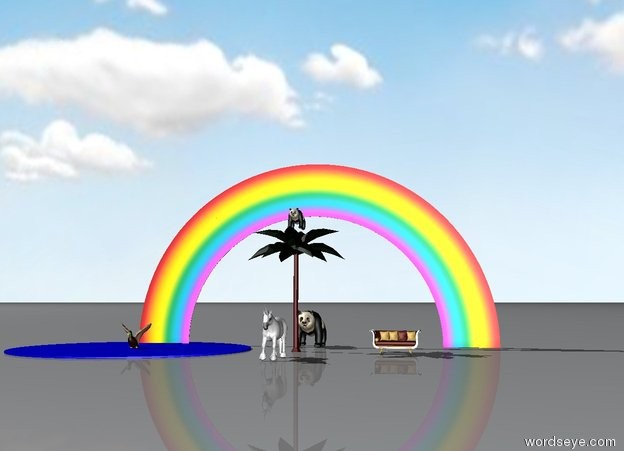 Input text: The small palm tree was a yard away from the couch. A panda sat in the tree. A unicorn sat a yard in front of the palm tree.

The pond beside the palm tree was blue. A large duck was in the pond. 

A large panda was behind the palm tree.

A small rainbow was two yards behind the palm tree.
