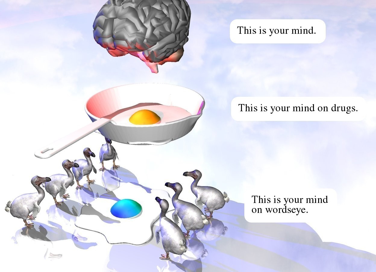Input text: The small brain is 2 inches above the egg. The egg is in the frying pan. A second egg is 4 inches below the pan. The second egg is on the ground. it has a rainbow texture. The 3 very tiny birds are to the right of the second egg. They facing the second egg. Four very tiny birds are to the left of the second egg. They are facing the egg. the ground is shiny. the red light is above the second egg. the blue light is 2 inches to the left of the red light.