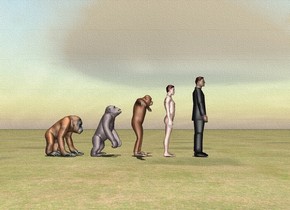 a 1st ape. it is 2 feet tall.


a 2nd ape 0.5 feet in front of the 1st ape.
it is 2.5 feet tall.

 a gibbon 0.5 feet in front of the 2nd ape.
it is 3.0 feet tall. it is deer brown.

a 3.5 feet tall human being 0.5 feet in front of the gibbon.

a 3.9 feet tall business man 0.8 feet in front of the human being.

it is noon.
the ground is grass texture. it is unreflective.
