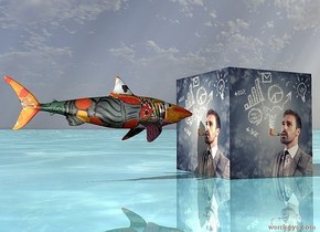 the [brain] cube.
the shiny ground is water.
the very small [matisse] fish is 1 inch to the left of the cube.
it is 4 inches above the ground.
it is facing the cube.