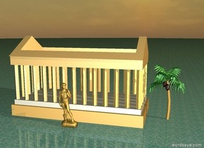 the greek temple is 60 feet tall.
the greek temple is 100 feet wide.

the palm tree is 20 inches to the right of the greek temple.

the statue is 40 inches in front of the greek temple.

the statue is 30 feet tall.
 
it is dawn.

the ground is water.


