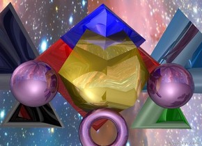 The huge shiny gold dodecahedron is 15 feet above the ground.


The huge shiny blue octahedron is inside of the huge shiny gold dodecahedron.

the huge shiny purple torus is below the huge shiny gold dodecahedron.


 the huge shiny purple sphere is to the left of the huge shiny gold dodecahedron. 


the enormous shiny marine blue tetrahedron is 5 feet behind and 3 feet above and 3 feet to the left of the huge shiny gold dodecahedron.

 the big shiny purple orb is to the right of the huge shiny gold dodecahedron. 

the enormous shiny red octahedron is behind the huge shiny gold dodecahedron.

the huge shiny green tetrahedron is 2 inches behind and 3 inches right of the huge shiny gold dodecahedron.

the huge shiny silver tetrahedron is 2 inches behind and 3 inches left of the huge shiny gold dodecahedron.
the sky is [space].


the enormous shiny dodger blue  tetrahedron is 5 feet behind and 3 feet above and 3 feet to the right of the huge shiny gold dodecahedron.