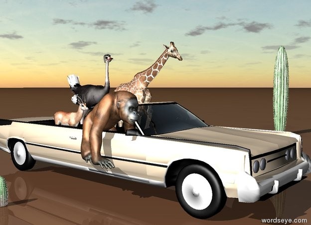 Input text: a big silver birch beige car is on the earth gray ground. cloudy sky. A small giraffe is in the car. An ostrich is behind the giraffe. east from the ostrich is a gazelle.. east from the giraffe is a orangutan. 5 feet west from the car is a cactus. 30 feet right of the car is a  big cactus