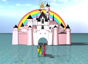There is a pink castle.
The ground is water.
There is a rainbow behind the castle.
The rainbow is on top of the castle.
There is a big princess 70 feet in front of the castle.
There is a big [purple] unicorn on the left of the princess.
the huge monkey is on top of the rainbow.
