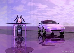 A reflective purple car is facing southeast.  A reflective purple table is 2 feet south of the car. A shiny pastel pink skull facing southeast is on the table. 
A big white transparent gargoyle facing southeast is 1 meters west of the car. 
An enormous shiny transparent wall is north of the car. 
A 2nd enormous shiny blue wall is 50 feet south of the wall. 
The camera light is pastel pink. 
The ground is shiny purple.