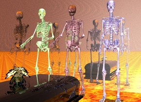 a 1st skeleton. 
it is shiny pink.
its skull is transparent.
a 2nd skeleton.
it is shiny green.
it is 15 centimeters west of the 1st skeleton.
a 3rd skeleton.
it is pastel blue.
it is 20 centimeters east of the 1st skeleton.
a 4th skeleton.
it is transparent.
it is 5 centimeters west of the 2nd skeleton.
a coffin.
its body is transparent.
it is 10 centimeters south of the 1st skeleton.
a flower.
it is shiny.
it is on top of the coffin.
a 1st wall. it is silver. 
it is 50 centimeters behind the 1st skeleton.
it is 50 meters tall.
it is noon.
the camera light is white.
the ground is fire.
the sky is stone.