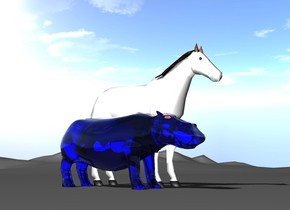 The transparent blue hippo is next to the white horse.