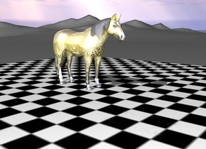 The gold horse is on the large checkerboard floor. 