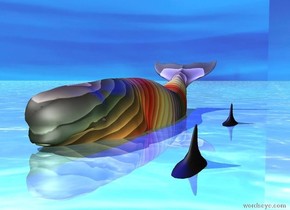 The beluga whale is rainbow. It is 20 inches in the ground. The ground is shiny water. The sky is [texture]. There is a dolphin on the right of the whale. There is a 2nd dolphin in front of the dolphin. There is a blue light on the whale.