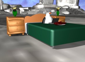 There is a bed. There is a stand on the left of the bed. it is -10 centimeters behind the bed. There is a small transparent green vase on the stand. there is a flower inside the vase.
There is a 2nd stand on the right of the bed. it is -10 centimeters behind the bed. There is a 2nd small transparent green vase on the stand. There is a 2nd flower in the 2nd vase.
A penguin is 50 centimeters in the bed.
The ground is ice.
There is a computer on the bed. the computer is in front of the penguin.the computer is facing the penguin. there is a plate 10 centimeters in front of the computer. There is a salmon on the plate. it is facing west.