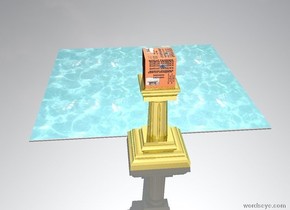 The big [ht] stands on the pedestal.
the floor is made of water.
The pedestal is golden.
There is [ht].
There is a  in front of the pedestal.