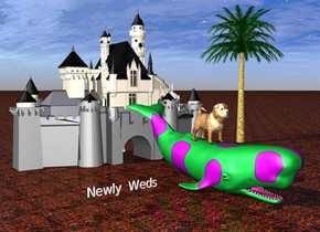 A very large puppy is on a small polka dot whale. A small "Newly Weds" is 1 feet to the left of the polka dot whale. The large puppy is 10 feet in front of a very small castle. A small tree is 2 feet to the right of the castle. The ground is lava. 