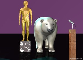  a black [marble] cube is 1.5 feet wide. a shiny gold man is on the cube. a  large polar bear is 0.5 feet  right of the cube. a microphone is 0.1 feet southeast of the bear. it is 3 feet above the ground. it faces the bear. it sits on a 3 feet tall and 0.5 feet wide and 0.5 feet deep [wood] block. the ground is black. the sky is purple. A pink light is on the bear. a cyan light is on  the man