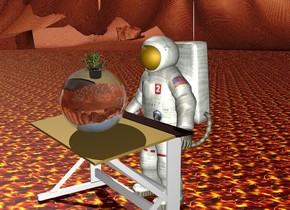 The man is behind a desk.
The ground is [Texture].
There is a big clear sphere on the table. the plant is  inside the big clear sphere.