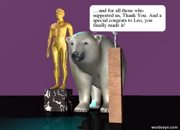 Input text:  a black [marble] cube is 1.5 feet wide. a shiny gold man is on the cube. a  large polar bear is 0.5 feet  right of the cube. a microphone is 0.1 feet southeast of the bear. it is 3 feet above the ground. it faces the bear. it sits on a 3 feet tall and 0.5 feet wide and 0.5 feet deep [wood] block. the ground is black. the sky is purple. A pink light is on the bear. a cyan light is on  the man
