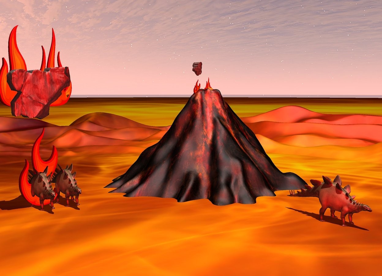 Input text: a volcano.the volcano is 5 feet in the ground.a flame is in the volcano.the flame is 6 feet tall.a second flame is 2 feet right of the flame.the second flame is 7 feet tall.a rock is 4 feet above the volcano. the rock is leaning 37 degrees to the ground.a red light is above the volcano.[fire]ground.a dinosaur is 1 feet left of the volcano.the dinosaur is on the ground.a second dinosaur is 1 feet left of the dinosaur.a third dinosaur is 1 feet in front of the volcano.the third dinosaur is on the ground.the sun's altitude is 80 degrees.the sun's azimuth is 180 degrees.the camera light is red.a white light is above the second dinosaur.

There is a huge rock 15 feet above the dinosaur. there are 25 foot tall flames under the huge rock. the flames are in the rock.

There is a 25 foot tall flame under the dinosaur.


