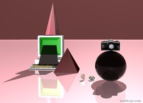 a sphere.
it is black.
it is clear.
the sky is dark red.
it is shiny.
the ground is pink.
it is shiny.
a camera.
it is above the sphere.
it is facing east.
an eye.
it is south of the sphere.
it is facing east.
an ear.
it is 10 centimeters south of the sphere.
it is facing east.
a 1st pyramid.
it is dark red.
it is 20 centimeters southwest of the sphere.
a 2nd pyramid.
it is pink.
it is transparent.
it is 100 centimeters tall.
it is 70 centimeters wide.
it is 0.05 centimeters southwest of the 1st pyramid.
a computer.
it is white.
its screen is green.
it is facing east.
it is 41 centimeters southwest of the sphere.
it is facing east.