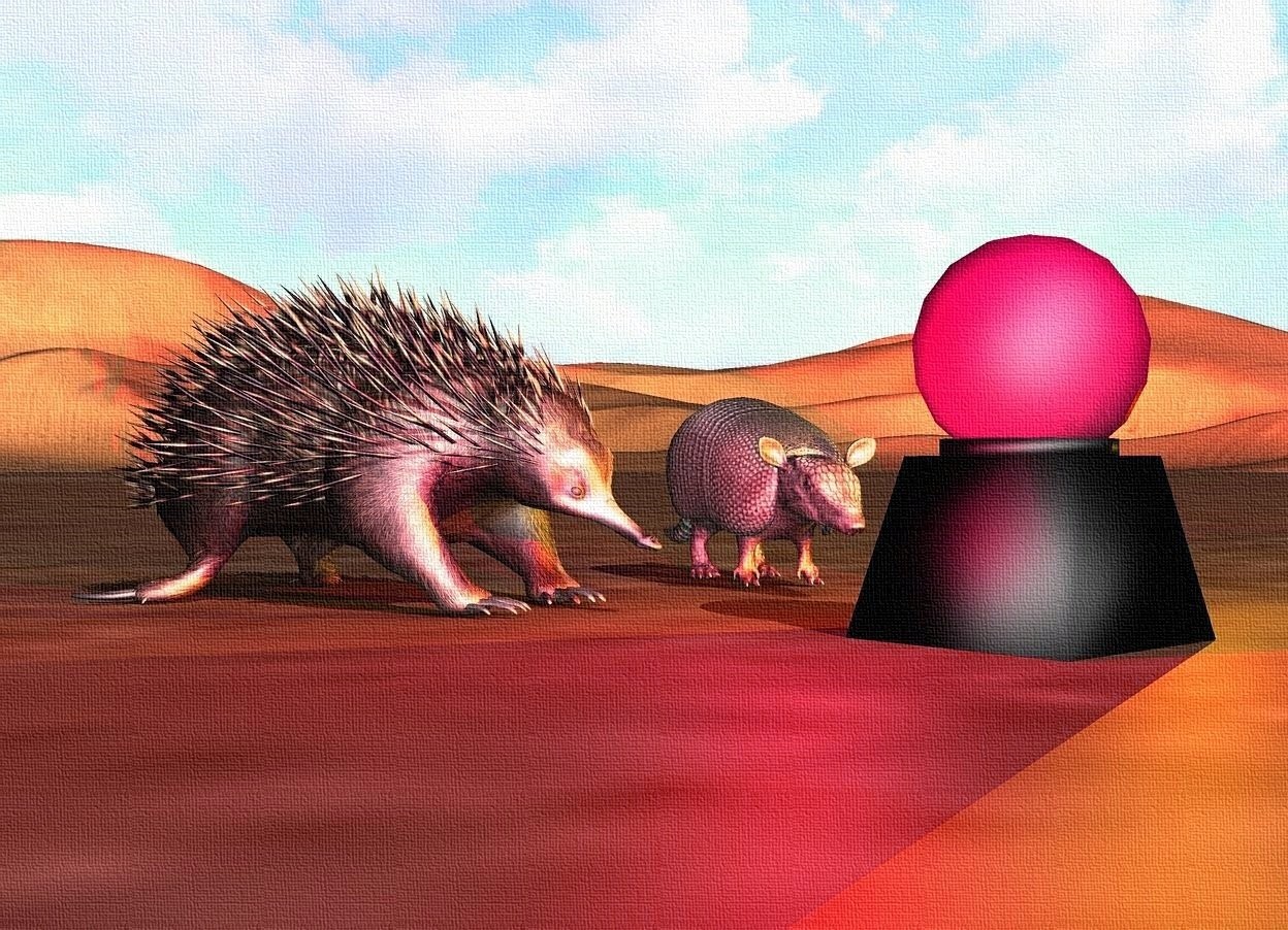 Input text: a ball.a armadillo..a anteater.the anteater is 6 inches right of the ball.the anteater is facing the ball.the armadillo is 6 inches right of the ball.the armadillo is facing the ball.the ball is texture.a red light is behind the ball.a yellow light is in front of the ball.