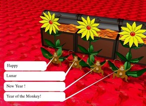 The sky is red. the ground is glass. There are four monkeys on the ground. 
There are 3 enormous yellow flowers behind the monkeys on the ground. There are 3 big boxes 1 foot behind the flowers.