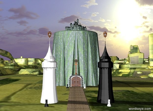 Input text: the tiny wood castle is on top of the gigantic stone table. the ground is grass. there is a tiny door in front of the castle. there is another large door in front of the table. a very big paper path is in front of the large door. a small black tower is sixty feet in front of and five feet to the right of the large door. a small white tower is sixty feet in front of and five feet to the left of the large door. a gigantic white knight is five feet in front of the black tower. a gigantic black knight is five feet in front of the white tower. another gigantic white knight is to the right of and five feet in front of the large door. another gigantic black knight is to the left of and five feet in front of the large door. a big clock is on top of the large door. a  big lantern is above the black tower. another big lantern is above the white tower. 