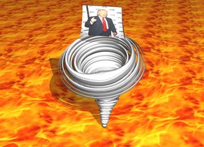 The huge [Trump] wall. it is facing southeast. There is a tornado under the [trump] wall. 
it is afternoon. the ground is [fire]. [fire] is 100 feet long.