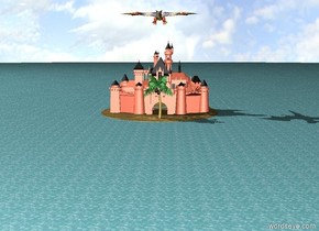 The big sand island was in the huge ocean. The peach castle was on the island. The palm tree was 7 feet in front of the castle. The huge rainbow dragon was 15 feet above the castle.