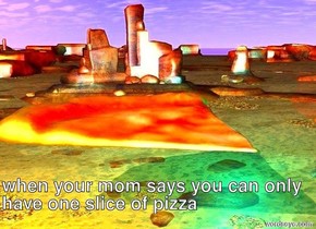 A pizza is in the air. A red light is above the pizza. A cyan light is to the right of the pizza. A lemon light is to the left of the pizza. The pizza is 7 feet tall.