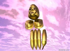 there are 4 gold bananas 2 feet above the ground.the bananas are 2 feet apart. there are 2 gold breasts above the bananas. there is a gold head above the breasts. the bananas are facing up