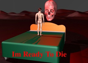 there is a small man on a bed. there is a huge black skull 1 foot behind the bed. the skull is 3 foot above the ground. the man is facing the skull. there is a red light above the skull. there is a huge dark red light to the left of the man. the ground is dark red and small. the sky is black. the man is not afraid. 