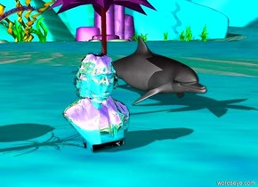 A man is on the ground. The man is silver. 3 palm trees are behind the man. The palm trees are 4 feet tall. The palm trees are purple. A dolphin is behind the man. The dolphin is pink