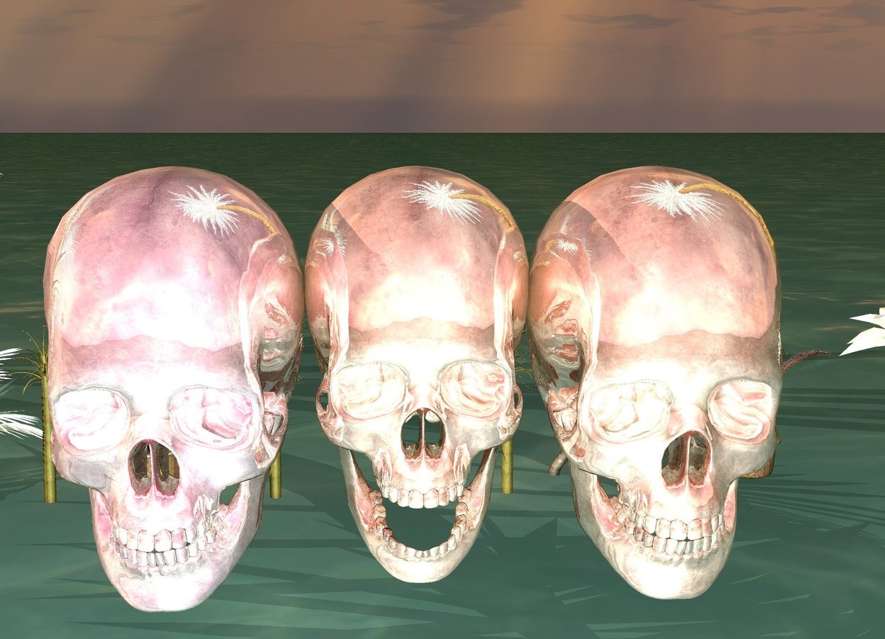 Input text: it is sunset. the ground is dark blue water. there is a hot pink chrome skull next to a blue chrome skull and a pink chrome skull. there are 10 pink chrome palm trees behind the pink chrome skull. the palm trees are 5 inches tall.
there are 3  chrome palm trees behind the blue chrome skull.