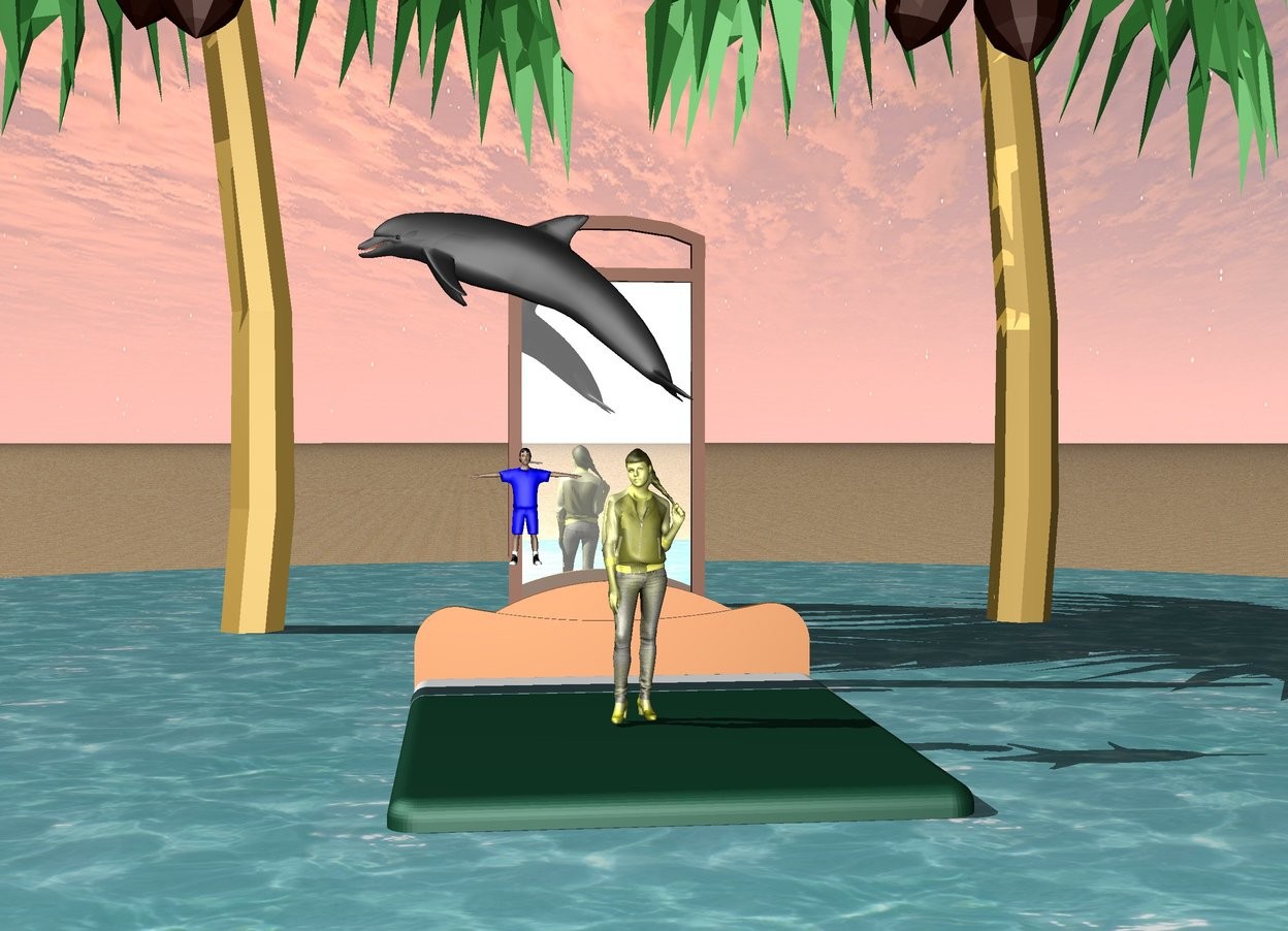 Input text: The big bed is in a lake. The ground is sand. There is a small blue boy one foot above the bed. There is a yellow girl five inches to the right of the blue boy. The yellow girl is  on the bed. There are four palm trees behind the bed. There is a dolphin one foot above the small blue boy. The dolphin is facing left. There is a huge mirror eight feet behind the girl.