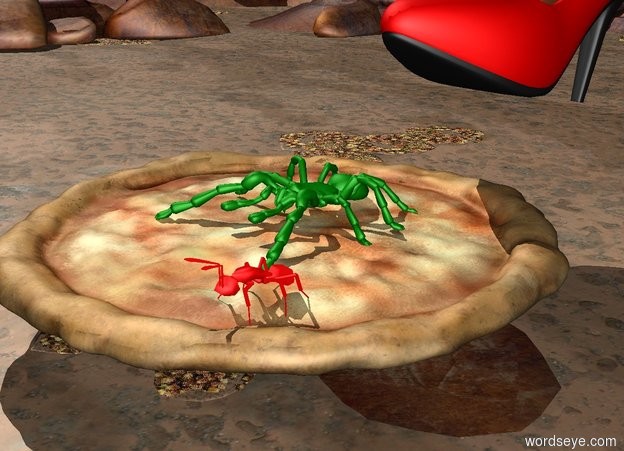 Input text: A pizza is 5 feet off the ground. The pizza is 3 feet tall. A 4 foot tall ant is on top of the pizza. A tarantula is on top of the pizza. The spider is 4 feet tall. The spider is behind the ant. The spider is green. The ant is red. a 36 feet long shoe is behind and 0.1 feet above the spider. it leans 11 degrees to the back