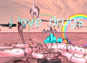 three pink rabbits are on top of a very large crystal. a large pink shiny lake is under the crystal. a shiny pink snake is in front of the crystal. a small soft pink snake is right next to the crystal. the ground is shiny and pink. the small shiny teal "i love drugs" is above the rabbit. there are twelve small pink birds behind the "i love drugs". there are 2 rainbows 300 feet behind the "i love drugs"