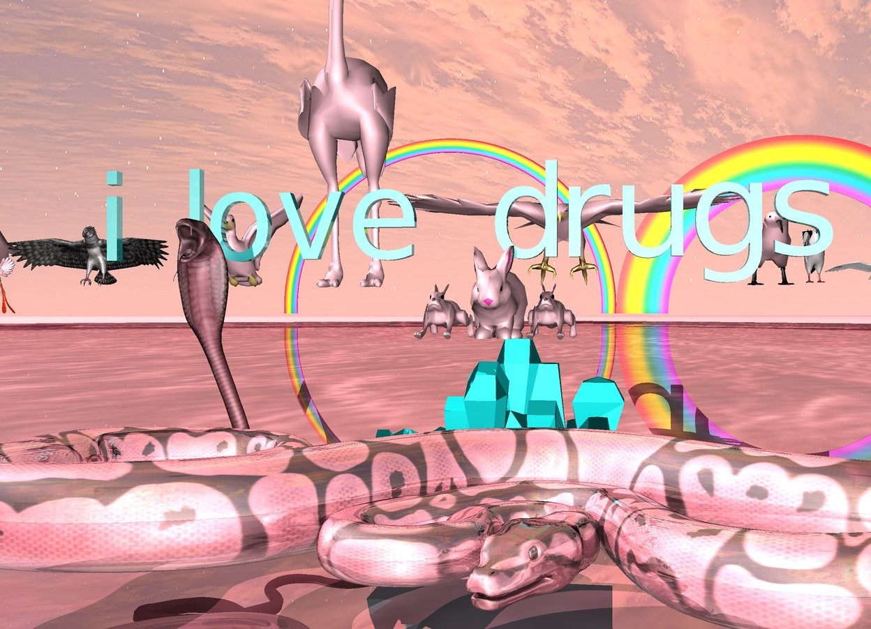 Input text: three pink rabbits are on top of a very large crystal. a large pink shiny lake is under the crystal. a shiny pink snake is in front of the crystal. a small soft pink snake is right next to the crystal. the ground is shiny and pink. the small shiny teal "i love drugs" is above the rabbit. there are twelve small pink birds behind the "i love drugs". there are 2 rainbows 300 feet behind the "i love drugs"