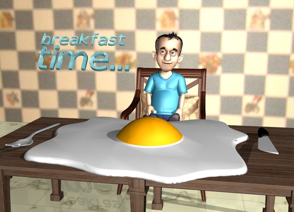 Input text: there is a huge egg. the egg is on a small table. the table is wood. the table is facing east. a fork is left of the egg. the fork is facing north.  a knife is right of the egg. the knife is facing east. the knife is facing down. a small chair is behind the table. a tiny man is on the chair. the ground is tile. a huge wall is 2 feet behind the chair. the wall is wallpaper. it is morning. there is a very tiny water "breakfast" left of the chair. the "breakfast" is 22 inches above the ground. the "breakfast" is leaning 40 degrees to the north. there is a tiny water "time..." below the "breakfast".  the "time..." is leaning 40 degrees to the north.