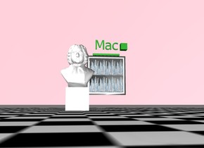 there is a white bust above the cube.
The floor is pink.
The sky is pink.
The floor is checkerboard.
The checkerboard is pink.
The cube is on  the floor.
There is a painting of New York seven feet behind and to the right of the bust.
A small green "Mac" is 0.5 feet above the painting.
A long green "_" is under the "Mac".
a small green cube is 0.2 feet to the right of the "Mac".
