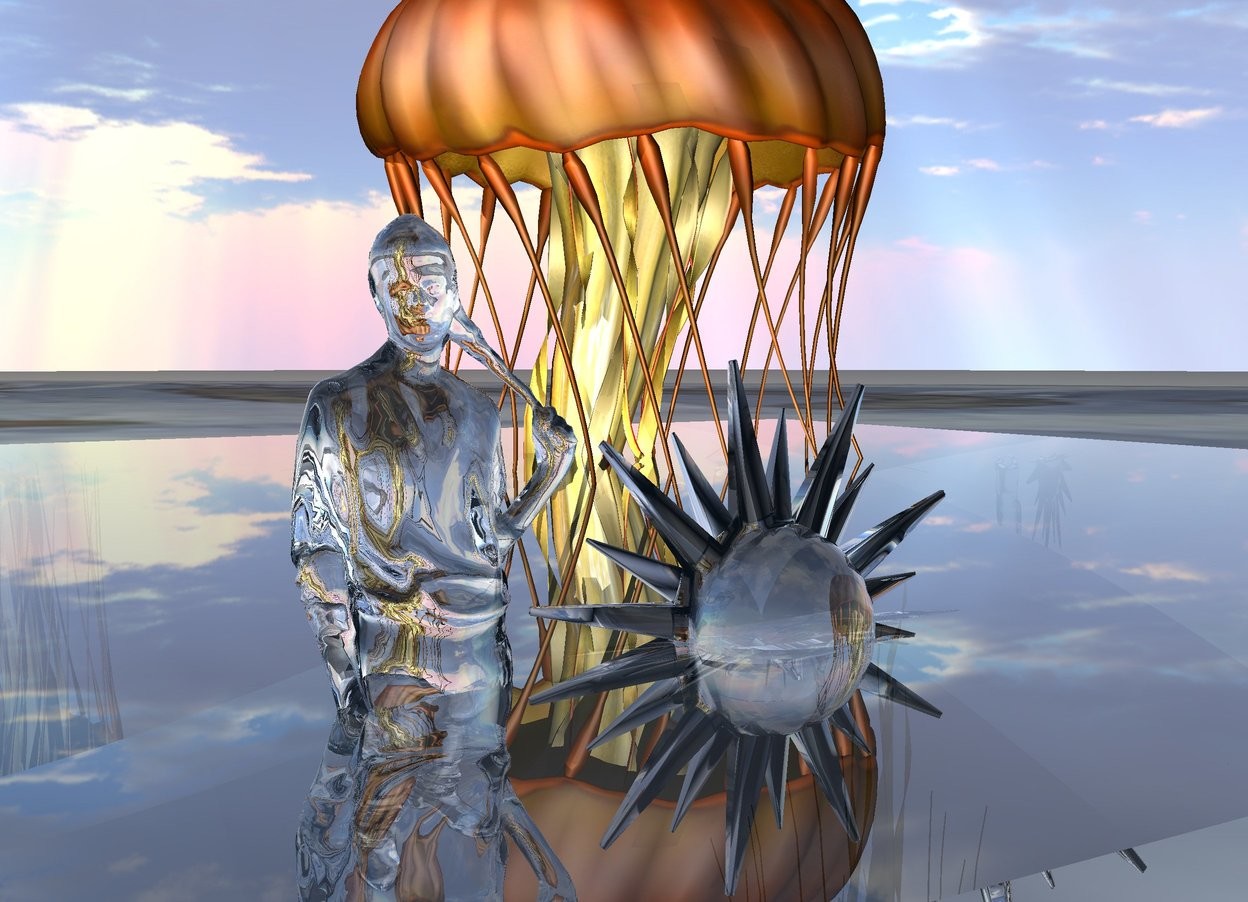 Input text: 20 foot tall jellyfish is in 30 foot tall transparent cube. transparent girl is in transparent cube 10 feet in front of jellyfish. transparent sun symbol is in transparent cube 10 feet in front of jellyfish. the ground is [jellyfish].