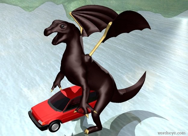 Input text: the dark grey [scales] dragon is on the ground. the car is -9 feet in front of the dragon. the car is 2.5 feet off the ground. the light is 50 feet to the left and 100 feet behind the car