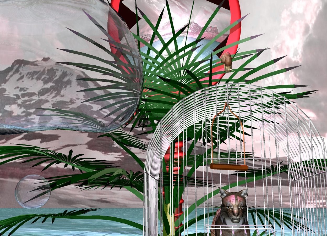 Input text: The small wildcat is inside of the large birdcage. The ground is water. The large snail is one inch above the cage.The large snail is facing downwards. The violet light is on the snail. The sky is cloudy and pink. The slug is one inch above the ground and one inch to the left of the cage. The palm tree is behind the slug. The pink light is on the palm tree. The gigantic hand mirror is behind the palm tree. The gigantic hand mirror is two feet in the ground. A big bubble is to the left of the large cage.