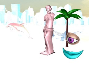 The giant purple eyeball is 8 feet off the ground. A giant teal mouth is 3 inches underneath the eyeball. the ground is reflective. It is the day. A city is in the background. A small pink statue is 6 inches to the left of the mouth. A miniature green coconut tree is 1 foot behind the statue. A small red reflective dolphin is 4 feet to the left of the Palm tree.