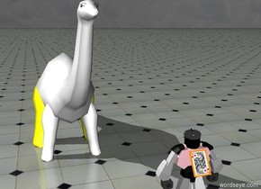 there is a tiny white dinosaur on the floor ground.
The sky is dark.
The leg of the dinosaur is yellow
.There is tiny glasses in the eye of the dinosaur.

There is a tiny robot in front of and to the right of the dinosaur.The robot is facing south .
There is a tiny heart picture frame in front of the torso of the robot.
There is a a huge acorn in the head of the robot.
The cap of the acorn is white.
The body of the acorn is black.
The torso of the robot is pink.
