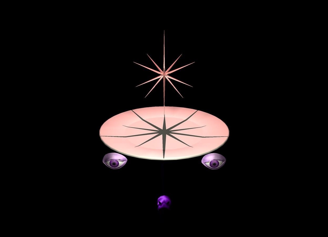 Input text: there's a plate. the plate is 5 feet off the ground. the ground is clear. the camera light is beige. it is night. the north star is .1 feet above the plate. the north star is .65 feet tall. the north star is pastel red. there is a pastel red light -0.326 feet above the north star. the first eye is .15 feet below the plate. the first eye is -0.2 feet to the left of the plate. the second eye is .15 feet below the plate. the second eye is -0.2 feet to the right of the plate. an indigo chipmunk is .35 feet below the plate. a tiny white light is .2 feet above the chipmunk. the eyes are lavender.