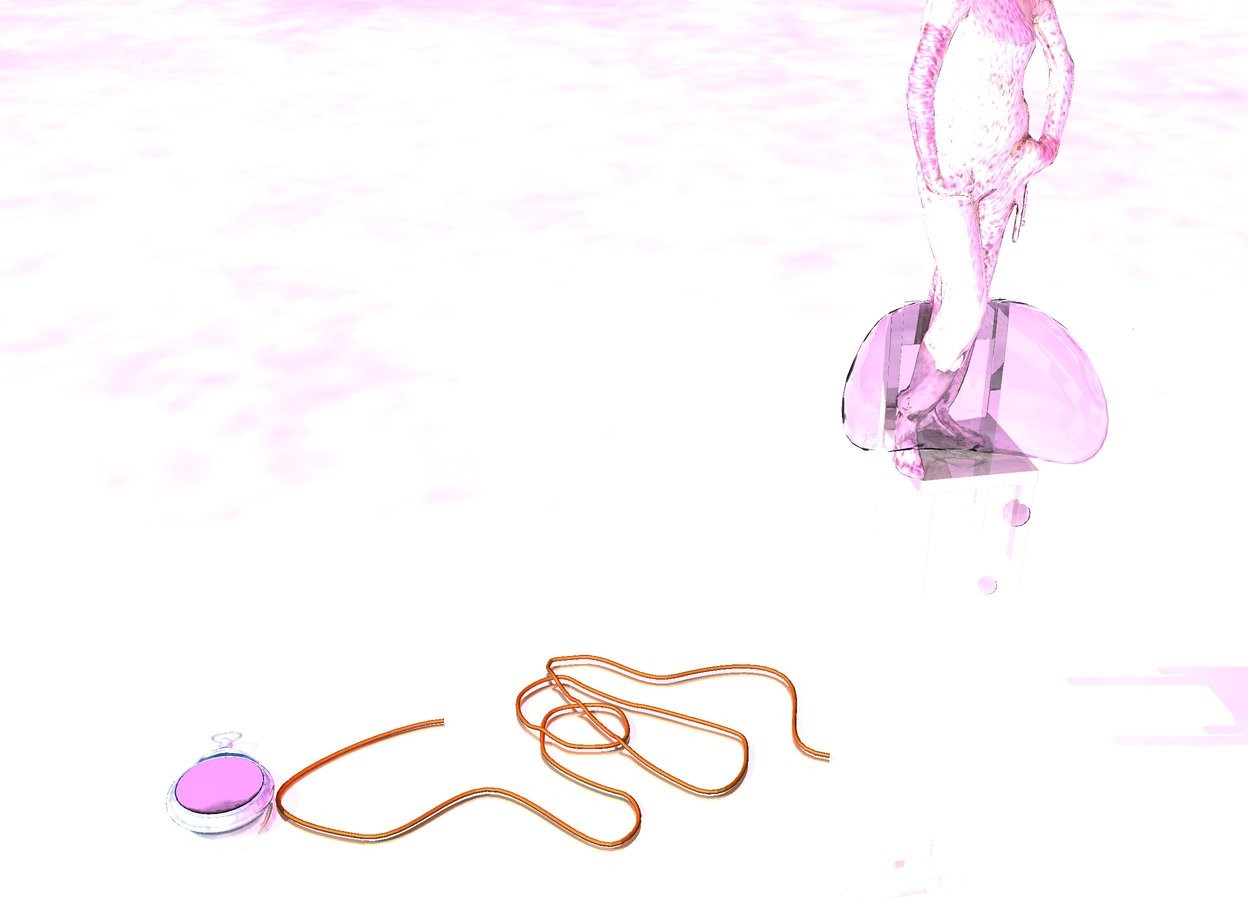 Input text: the glass girl is on the glass chair. the rope is on the ground. the ground is silver. The sky is violet. Bubble under the glass chair. Bubble is 2 feet above the ground. red light is on rope. giant glass pocket watch beside rope. it is facing up.