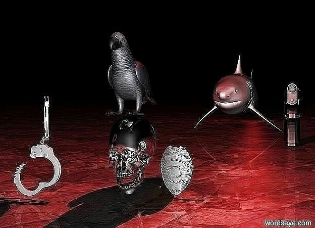 Input text: The parrot is on a silver skull. A red light is above the parrot. The ground is rocky. A shark is 5 feet behind the skull. Handcuffs is three inches to the left and two inches in front of the skull. A large gun is 1 inch in front and 1/2 an inch to the right of the shark. A badge is 1 inch to the right of the skull. It is night. There is a red light behind the shark.